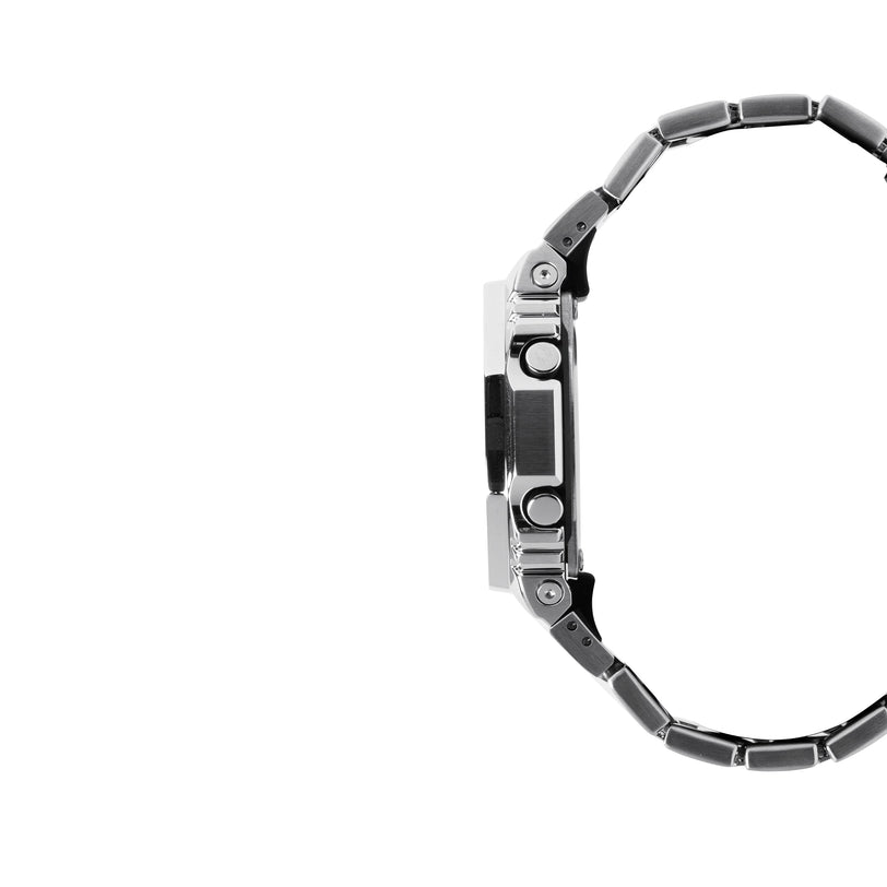 Digital watch with silver stainless steel case and black resin band, shown from side view.