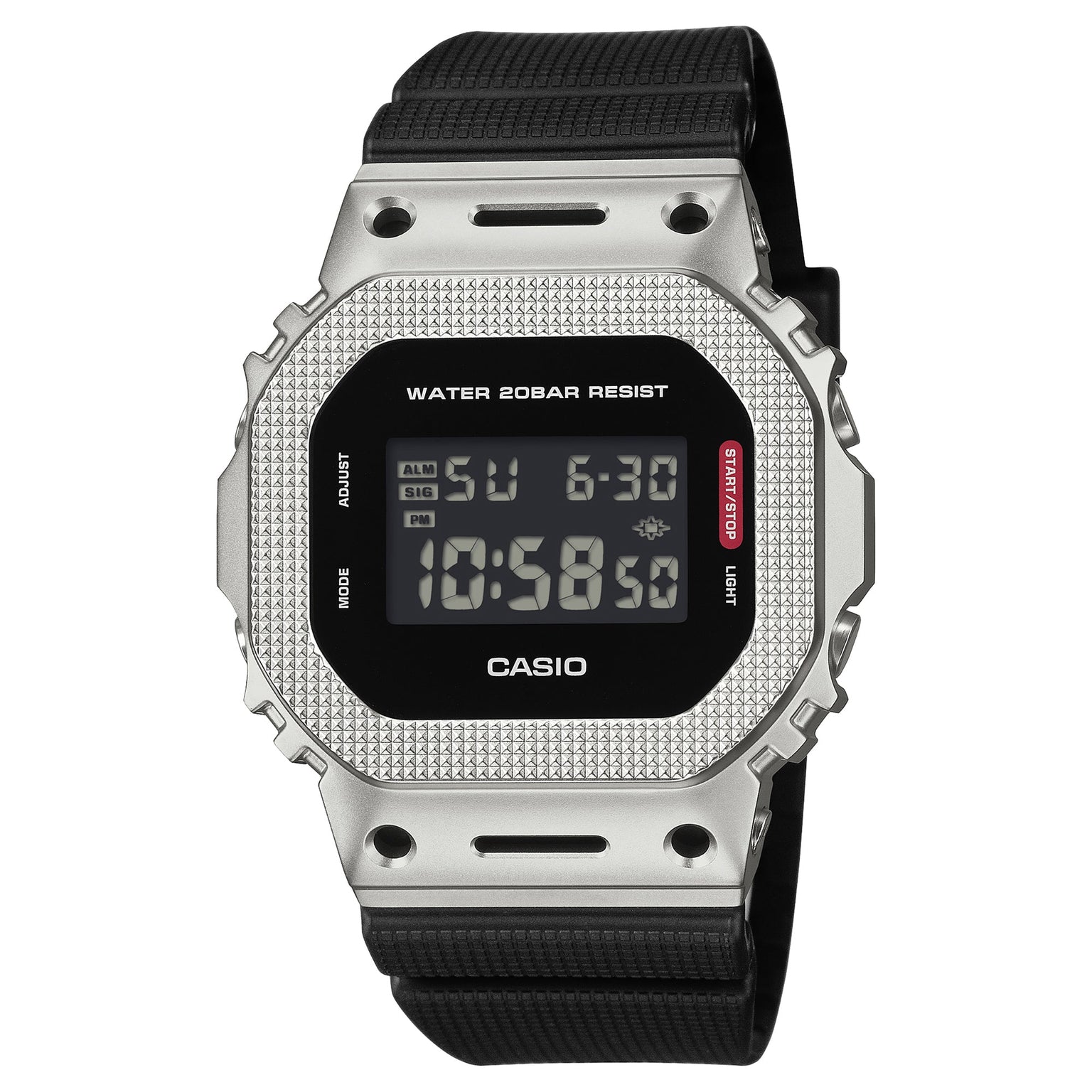 Casio G-Shock digital watch with silver textured stainless steel case, black resin band, and rectangular black dial displayin