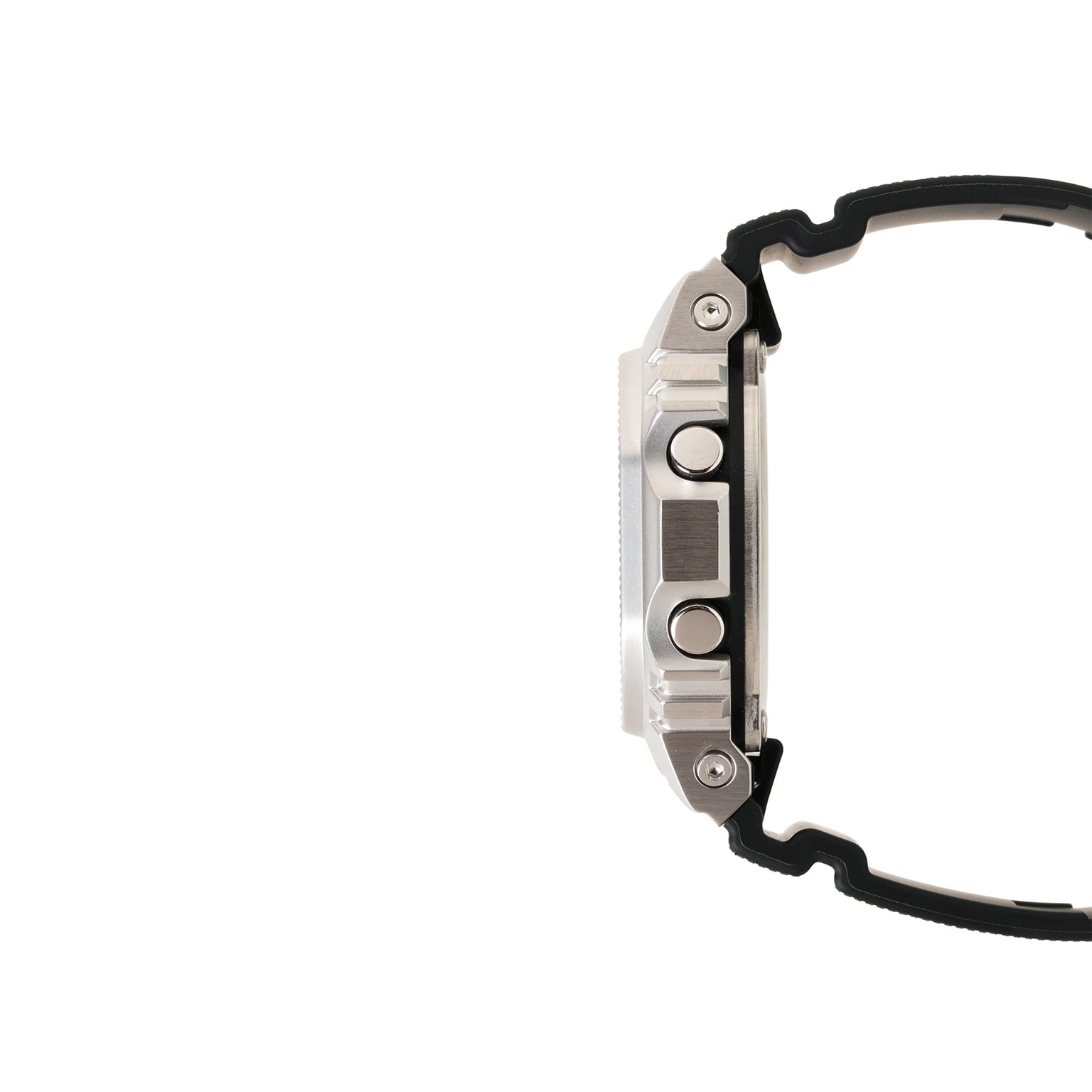 Silver stainless steel digital watch with black resin band, shown from side view.