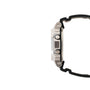 Silver stainless steel digital watch with black resin band, shown from side view.