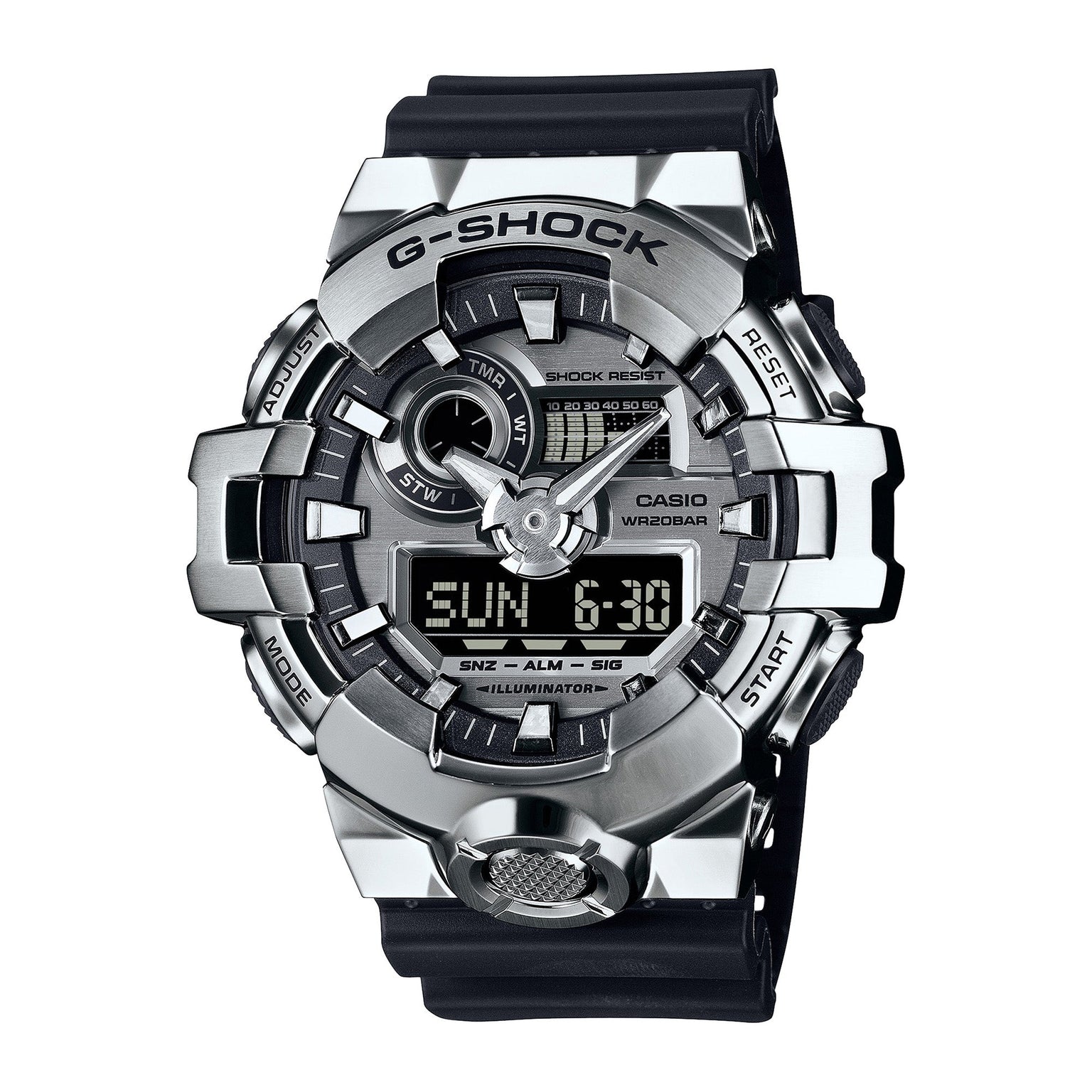 G-Shock digital watch with silver stainless steel case, black resin band, analog and digital display showing time and day.