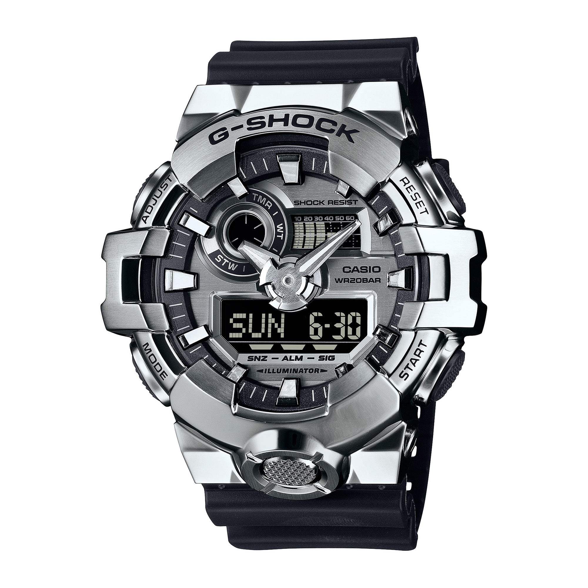 G-Shock digital watch with silver stainless steel case, black resin band, analog and digital display showing time and day.