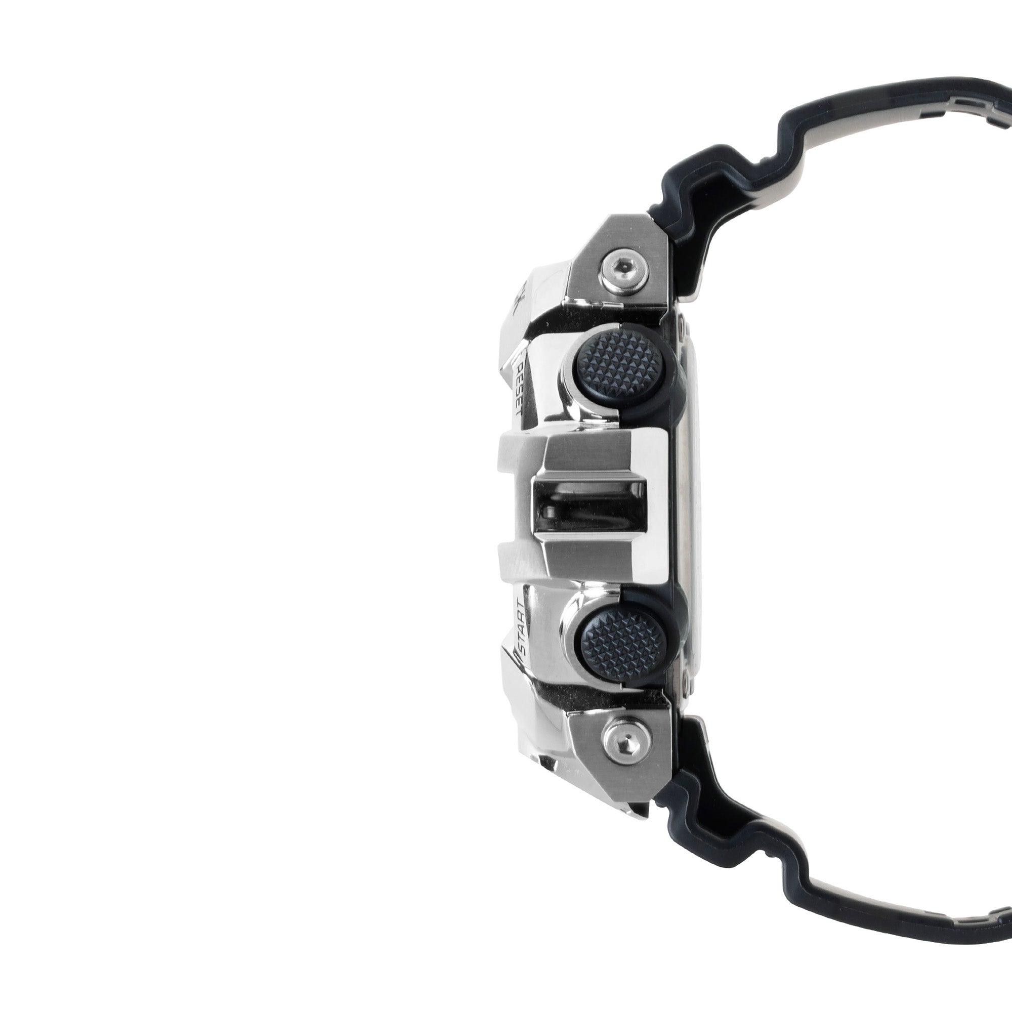 Digital watch with silver stainless steel case, black resin band, and black button accents shown from side view.