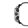 Digital watch with silver stainless steel case, black resin band, and black button accents shown from side view.
