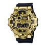 Gold-tone G-Shock watch with black resin band, digital and analog display, shock resistant, water resistant to 200 meters.