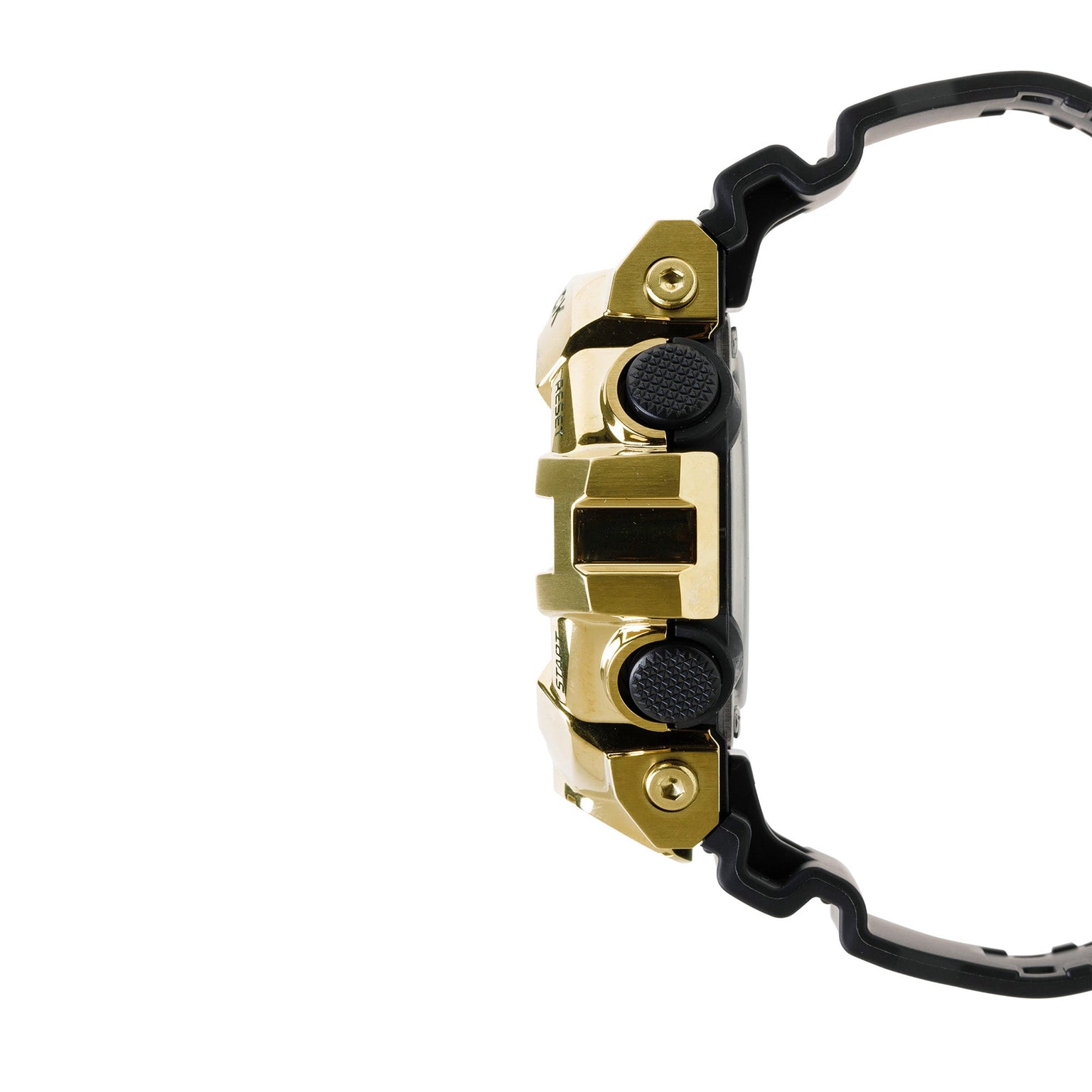 Digital watch with gold-tone stainless steel and black resin case, black buttons, and black band shown from side view.