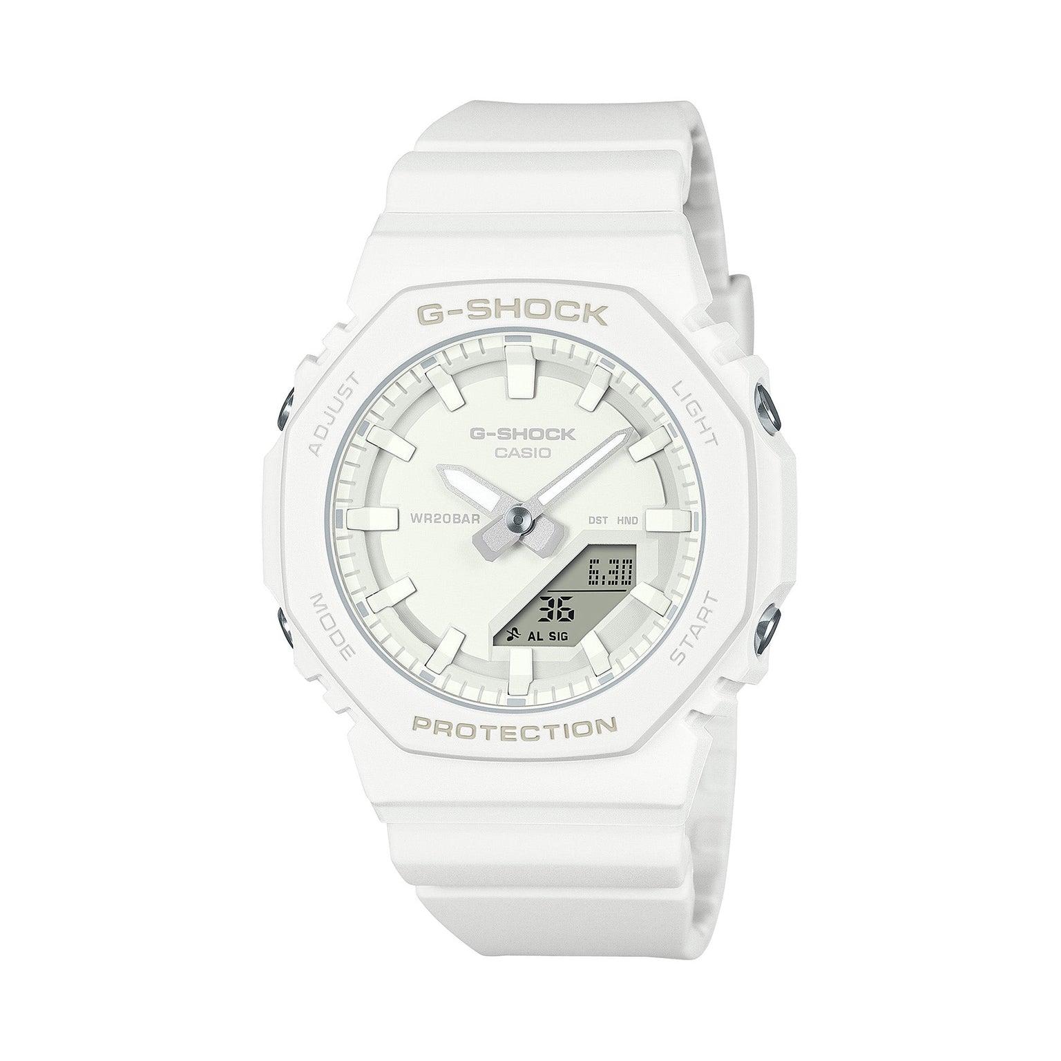 White G-Shock watch with analog and digital display, resin band, and octagonal case.