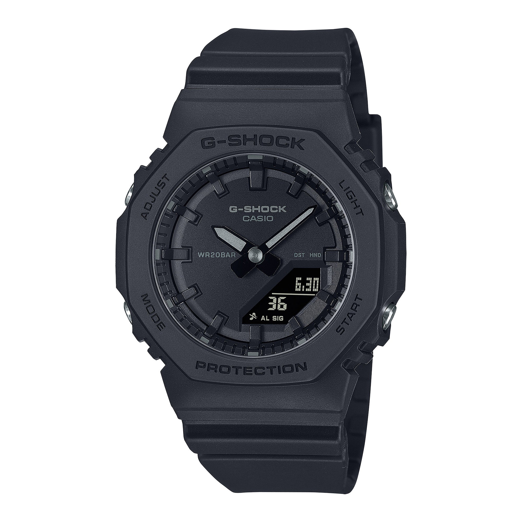 Black G-Shock watch with analog and digital display, resin band and case, 200m water resistance rating.
