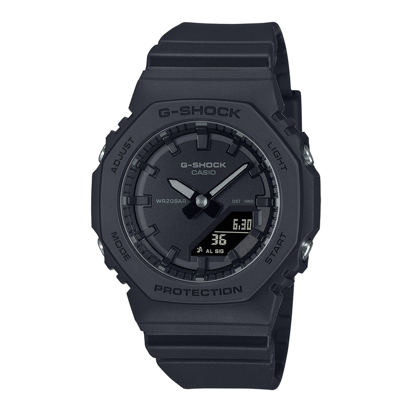 Black G-Shock watch with analog and digital display, resin band and case, 200m water resistance rating.