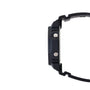 Black resin watch with square case, metal studs, and black band shown from side view.