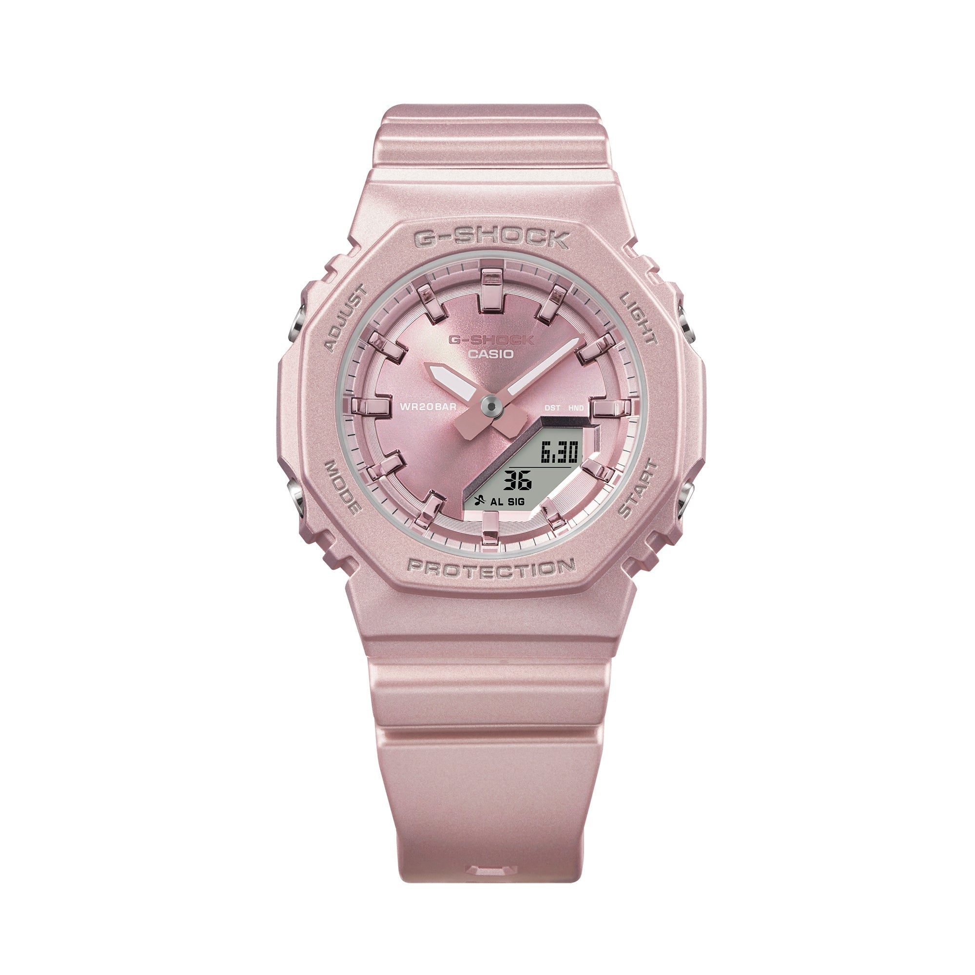 Pink G-Shock watch with square face, analog and digital display, resin band, and protection text on case.
