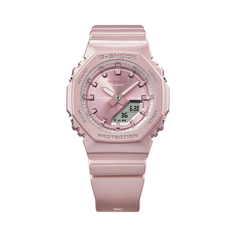 Pink G-Shock watch with square face, analog and digital display, resin band, and protection text on case.