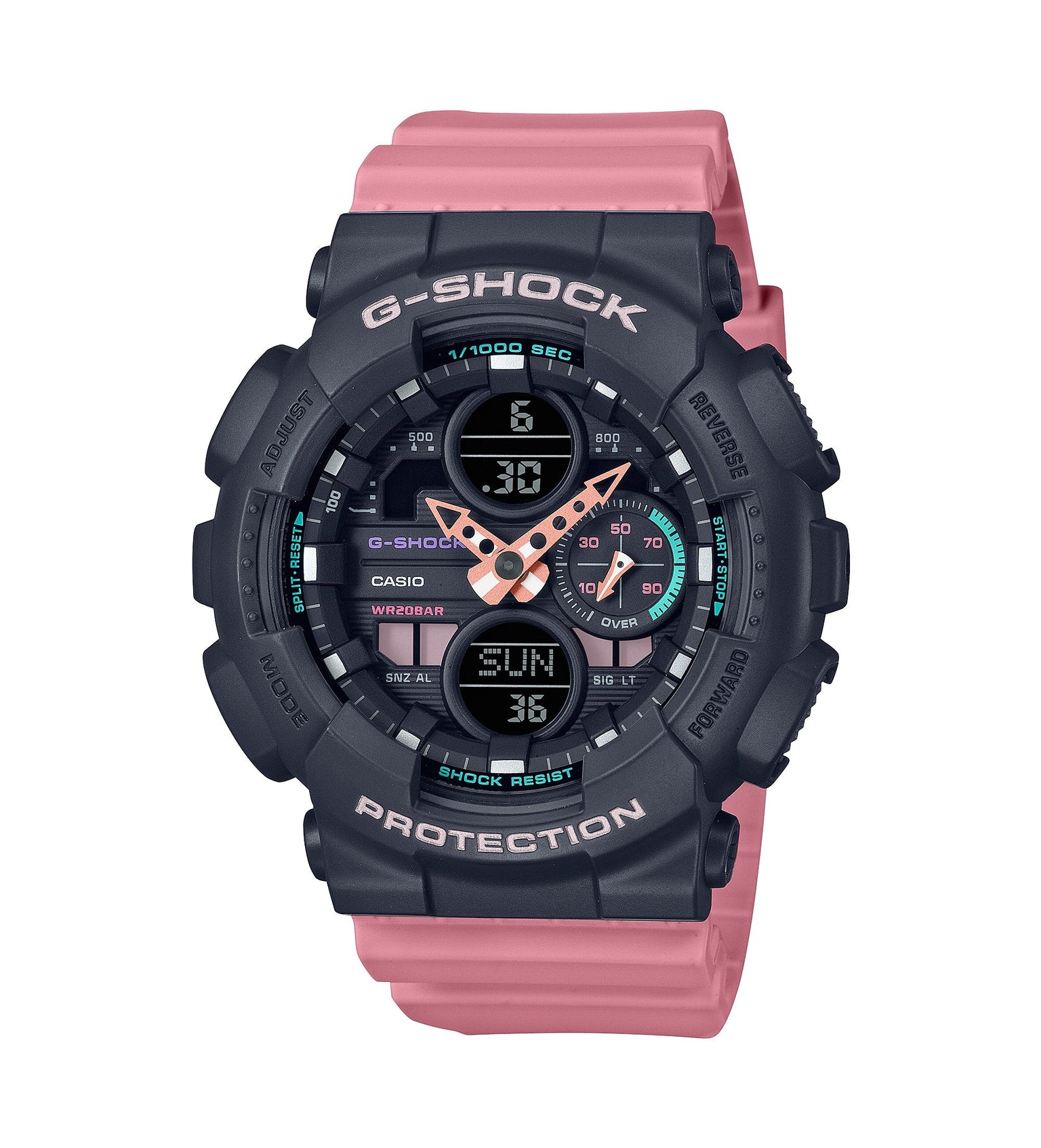 Black and pink G-Shock analog-digital watch with orange hands and digital displays on resin band.