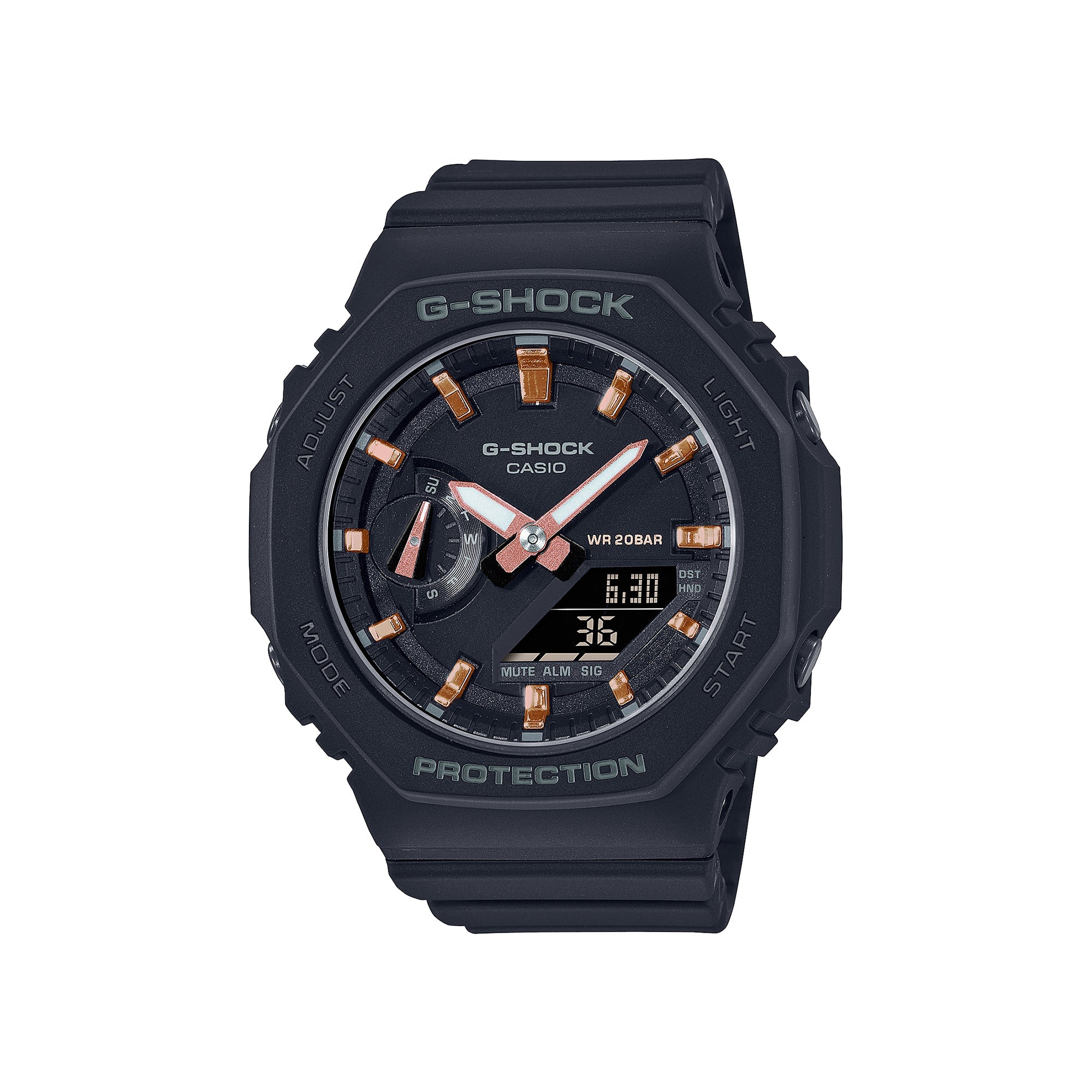Black G-Shock digital-analog watch with orange accents, black resin band, and dual display showing time and date.