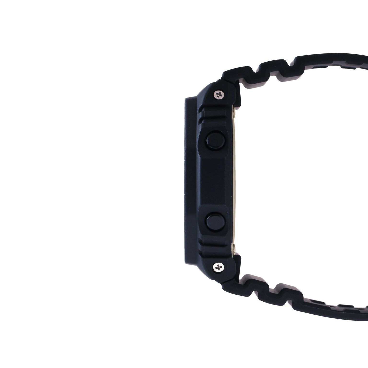 Black resin digital watch with wavy band shown from side view.