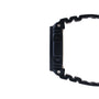 Black resin digital watch with wavy band shown from side view.