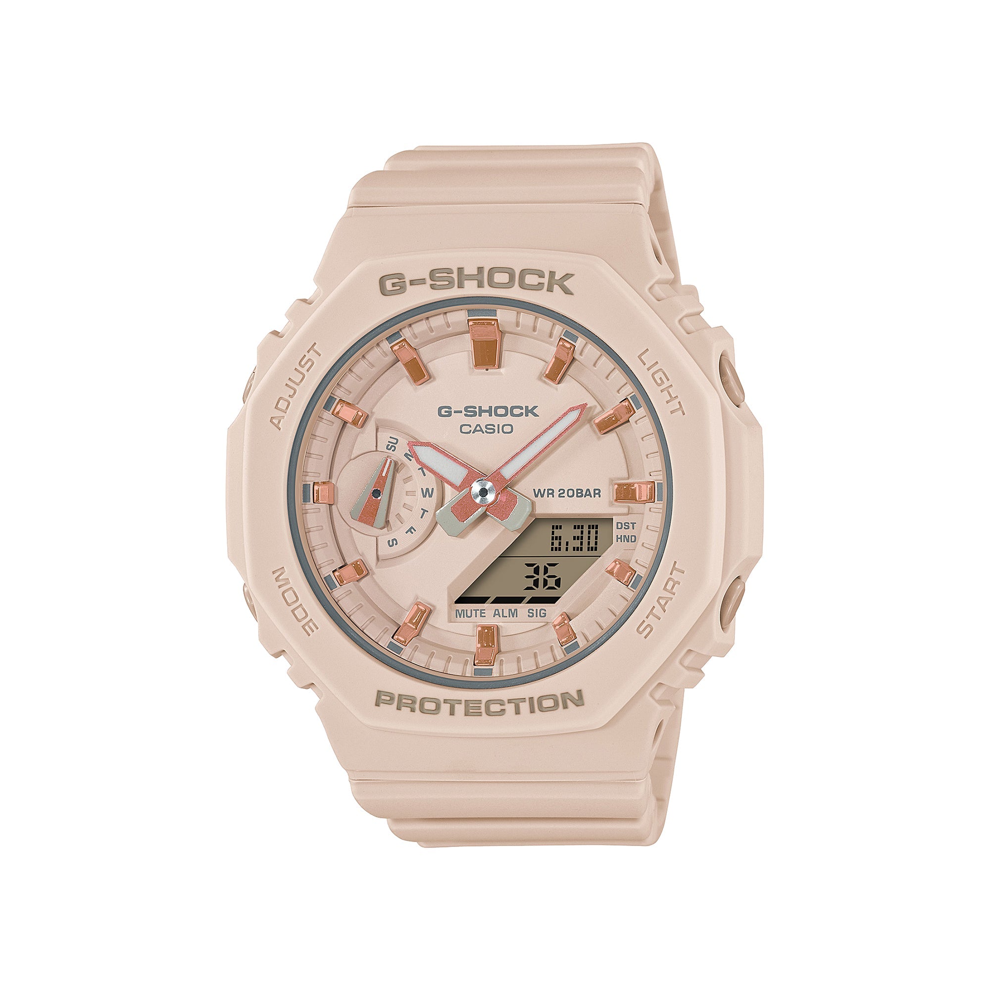 Pink G-Shock quartz watch with analog and digital display, resin band, and rose gold accents on dial.