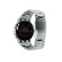 Silver stainless steel G-Shock digital watch with black round face and metal band shown from side view.