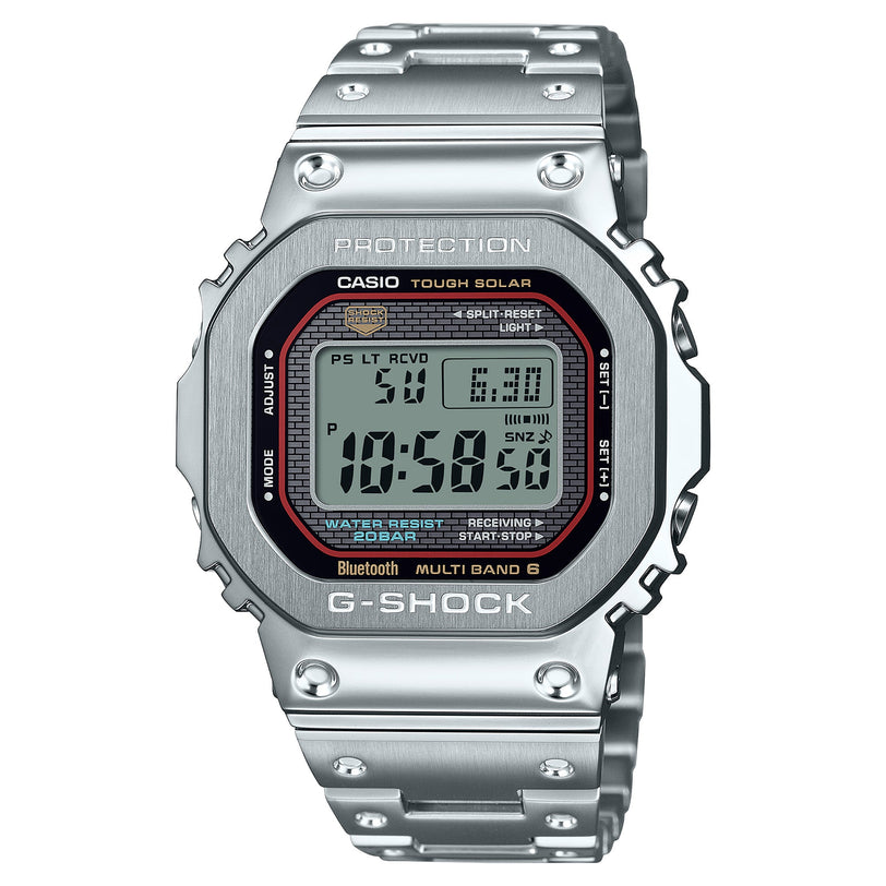 Silver stainless steel G-Shock digital watch with square face, black bezel with red accents, and metal band.