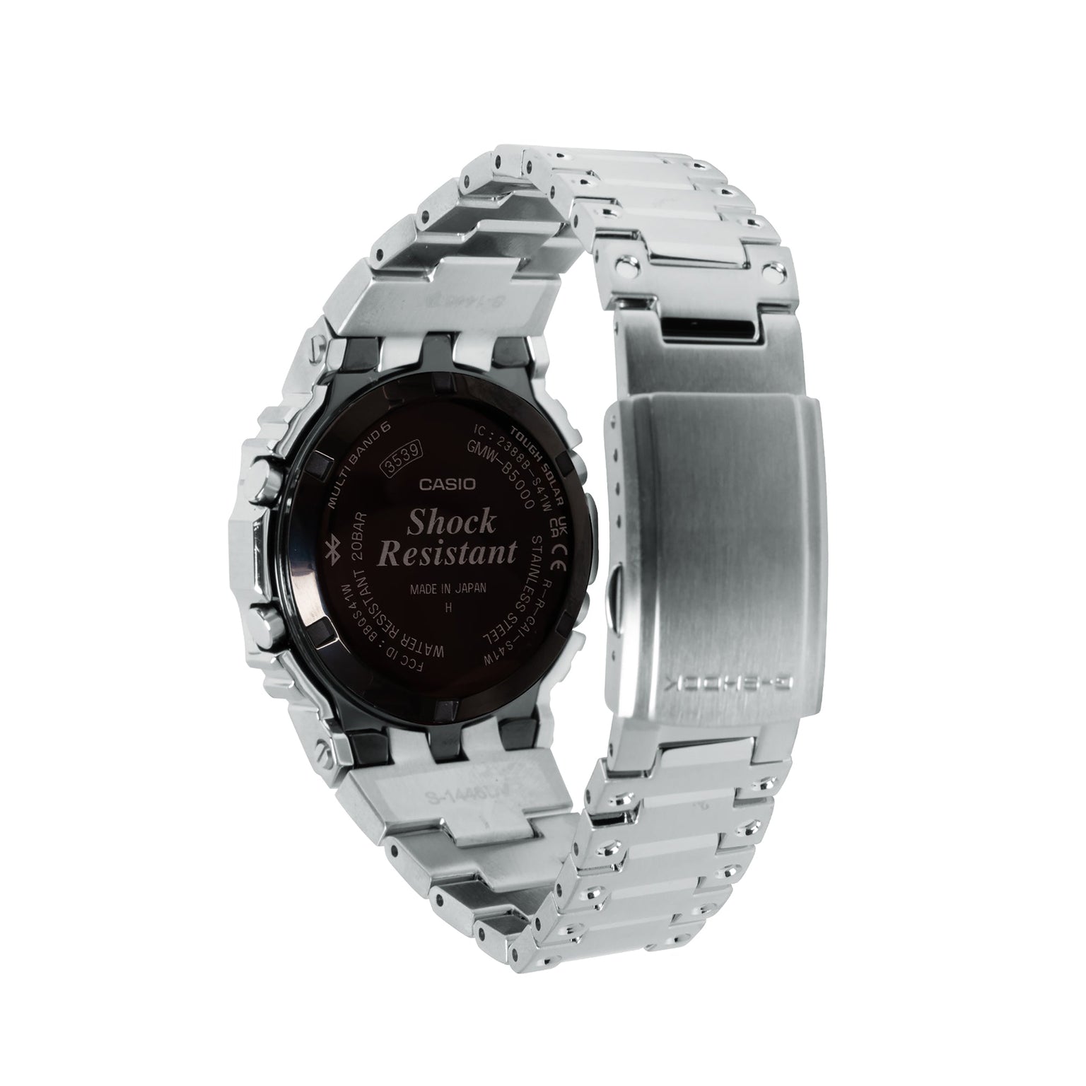 Silver stainless steel digital watch with black dial, square face, and metal link band shown from back view.