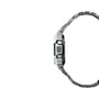 Silver stainless steel digital watch with rectangular case and segmented metal band shown from the side.
