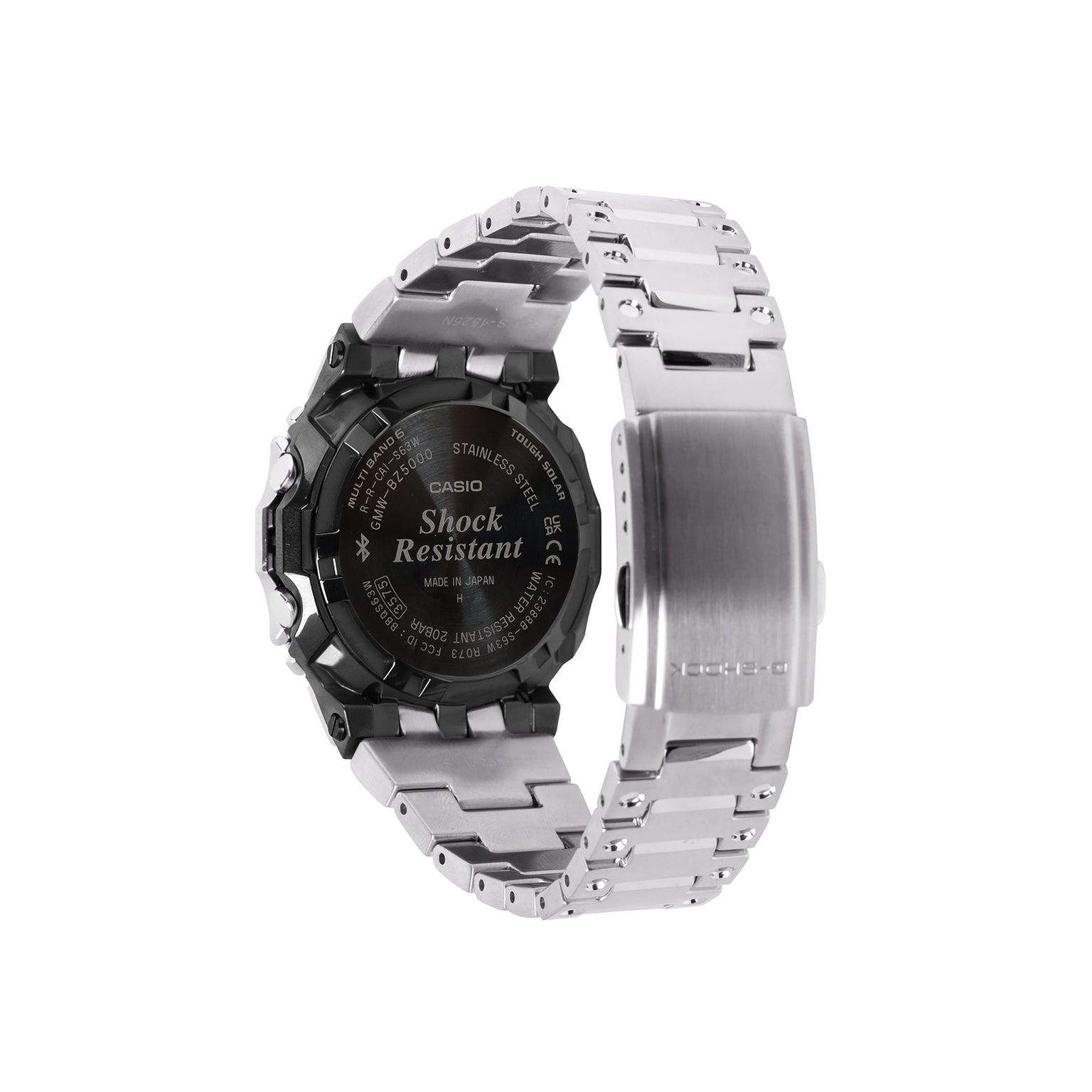 Digital watch with black case, silver stainless steel band, and shock resistant markings on back.