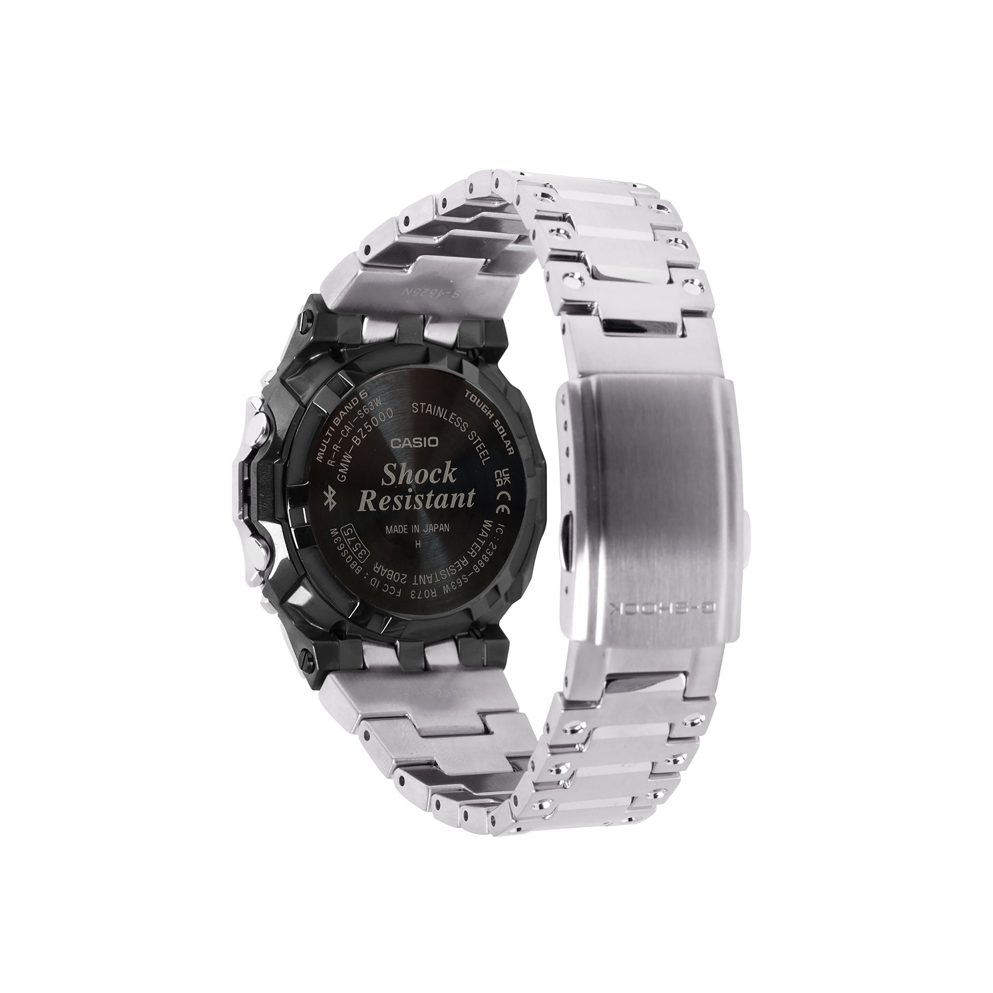 Digital watch with black case, silver stainless steel band, and shock resistant markings on back.