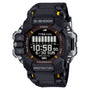 Black Casio G-Shock Rangeman digital watch with brown dial, yellow accents, and resin band displaying time and step counter.