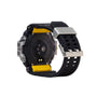 Black digital watch with yellow resin accents, silver case, and black band with square perforations.