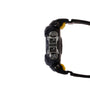 Black resin digital watch with yellow accents, multiple dials, and black band shown from the side.