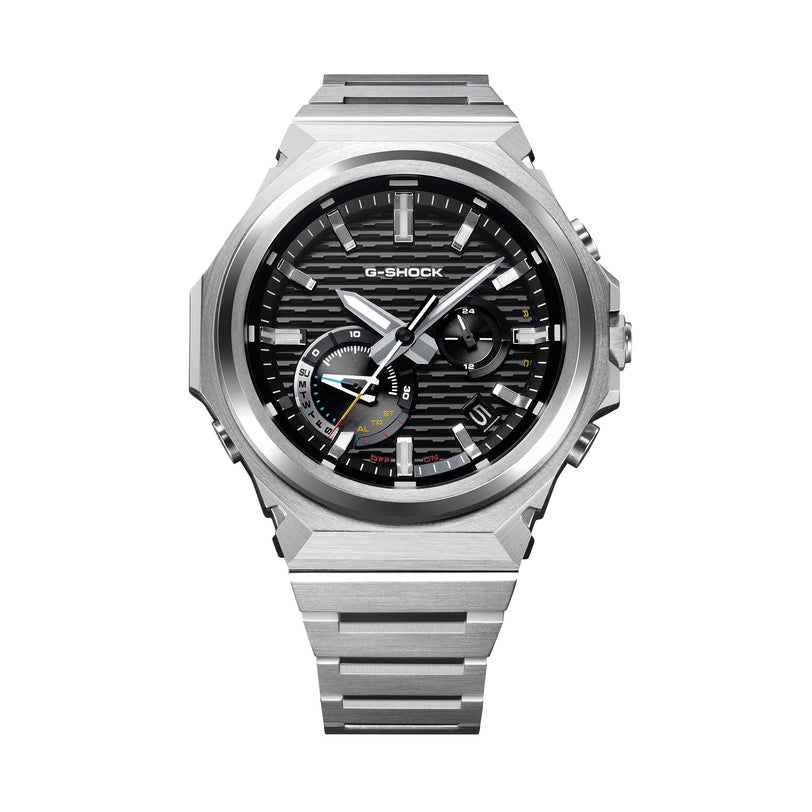 G-Shock solar watch with stainless steel case, black dial with textured surface, and matching metal band.
