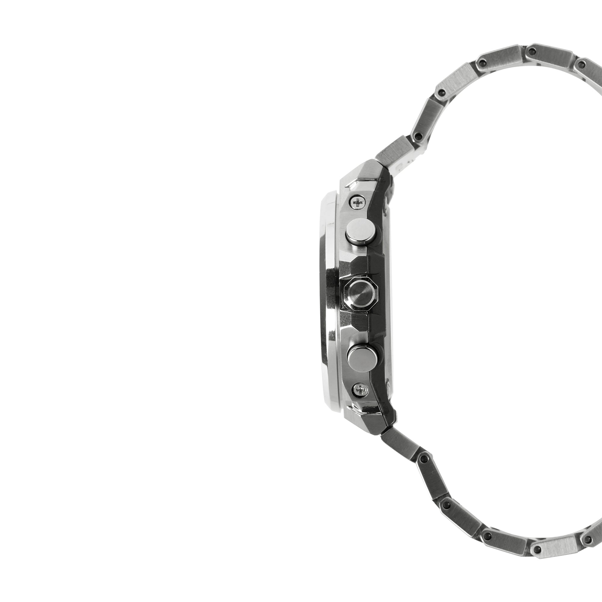 Silver and black stainless steel digital watch with metal band, shown from the side profile.