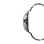 Silver and black stainless steel digital watch with metal band, shown from the side profile.