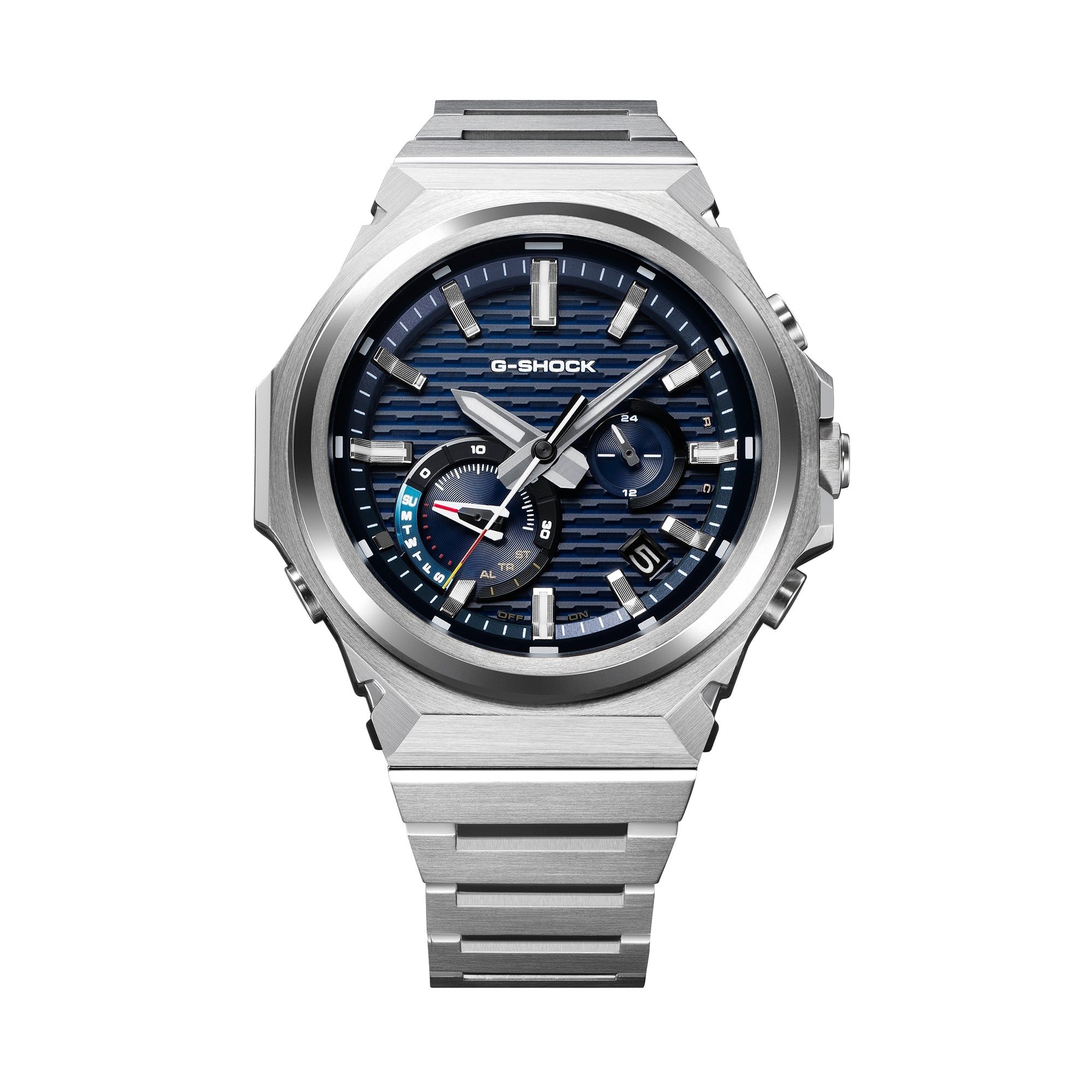 G-Shock stainless steel watch with blue dial, silver case, octagonal bezel, and metal band.
