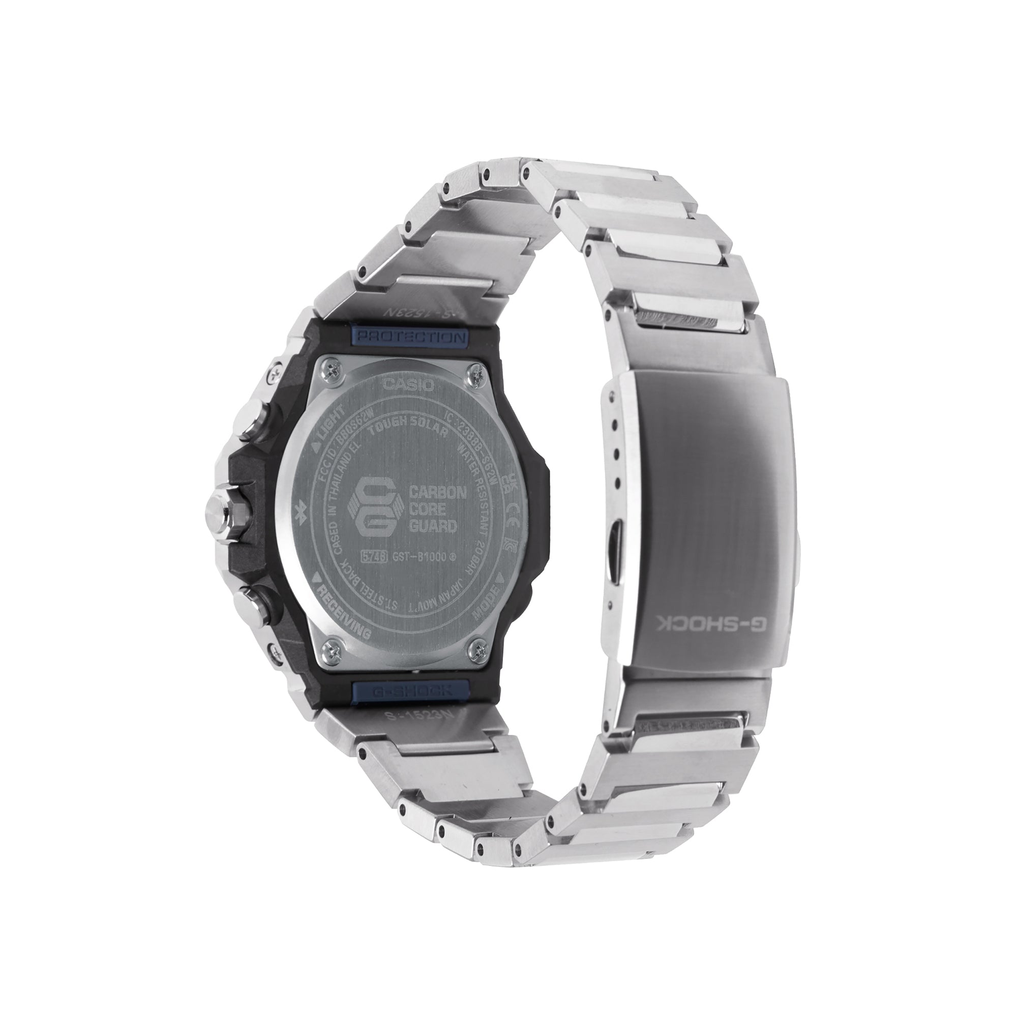 Digital watch with black case, silver stainless steel bracelet, and blue LCD display shown from front and side angles.