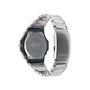 Digital watch with black case, silver stainless steel bracelet, and blue LCD display shown from front and side angles.