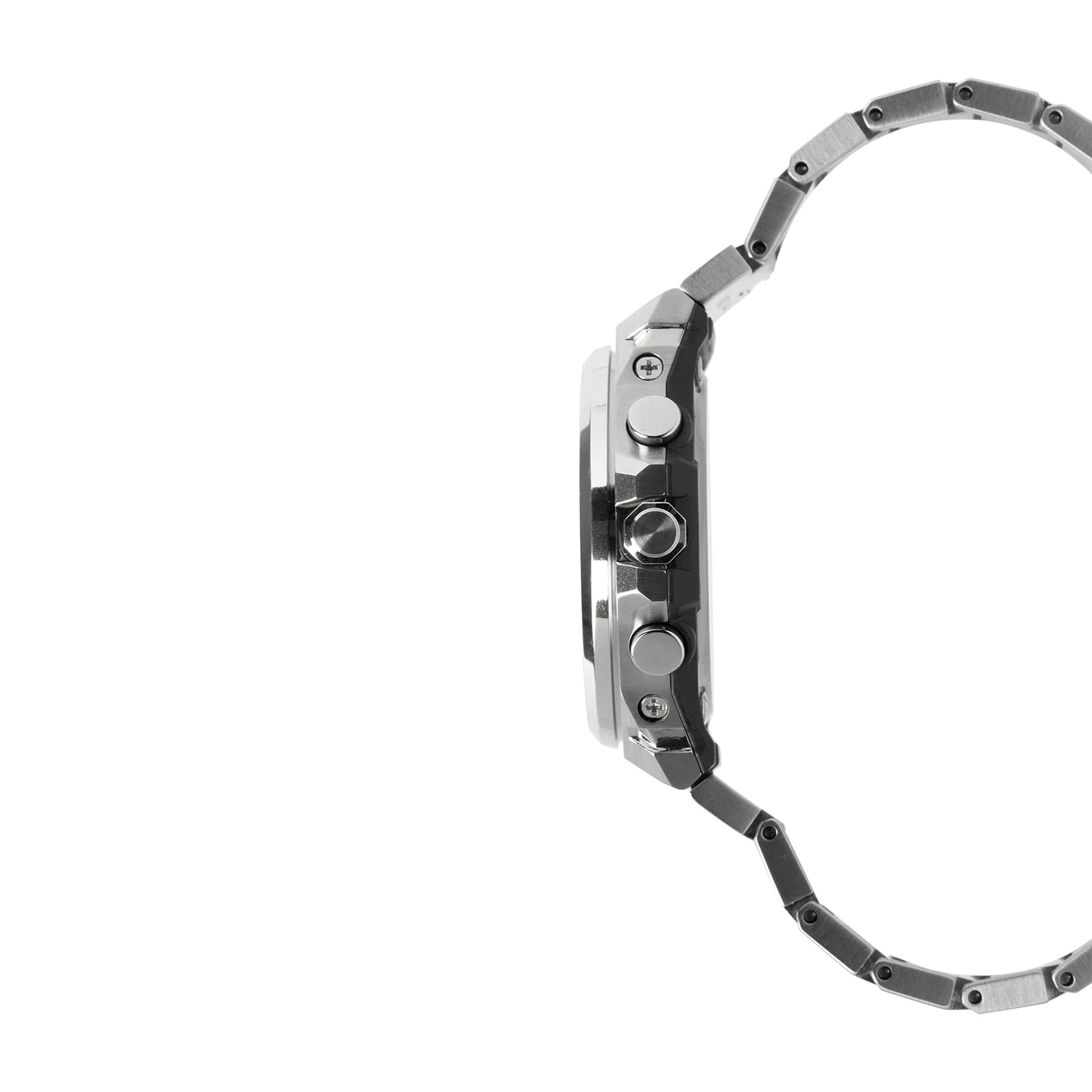 Silver and black stainless steel digital watch with metal band shown from the side.