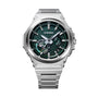 G-Shock solar watch with stainless steel case and band, dark green dial with analog and digital displays, silver-tone hands a