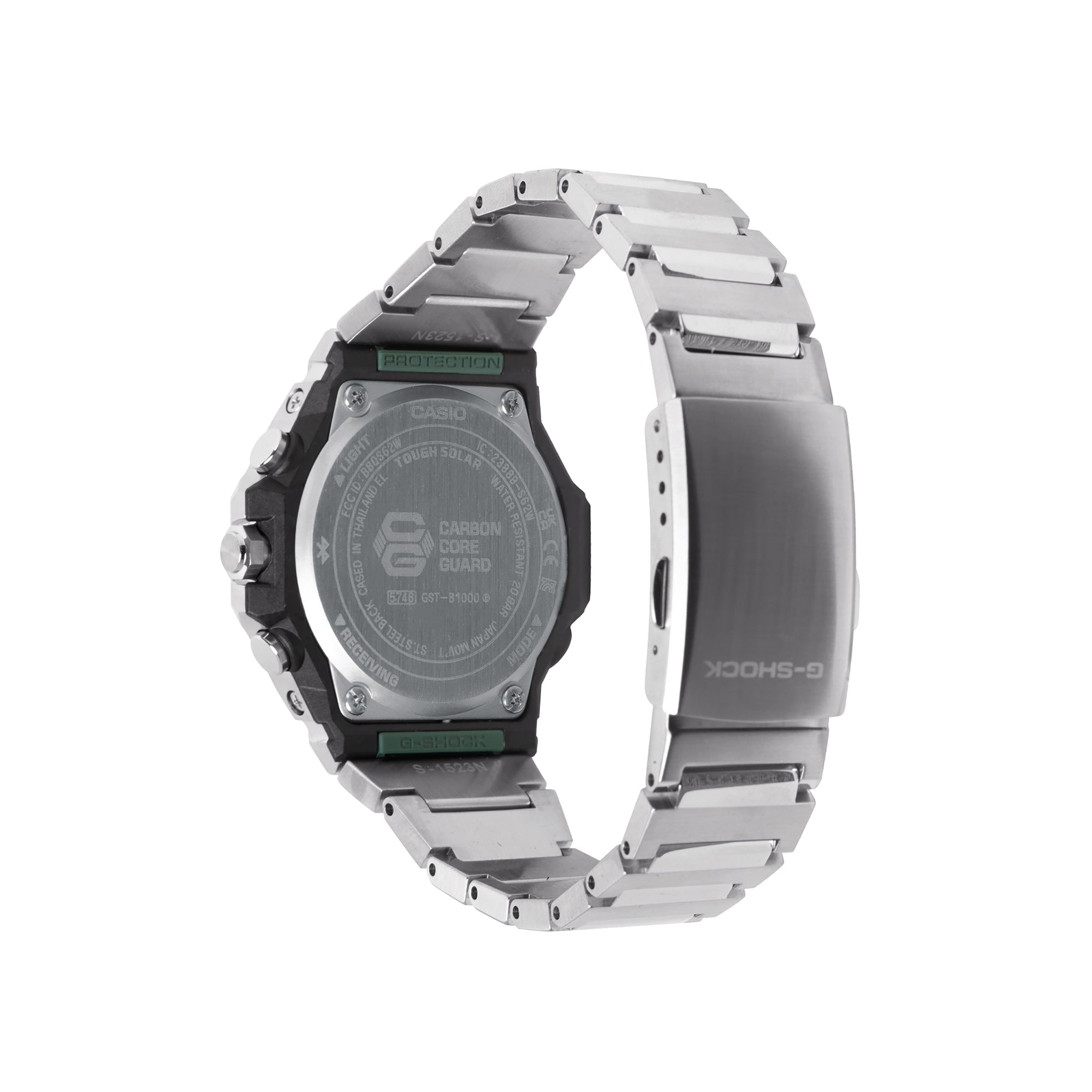 Silver stainless steel digital watch with black case, rectangular face, and metal link band shown from front and back views.