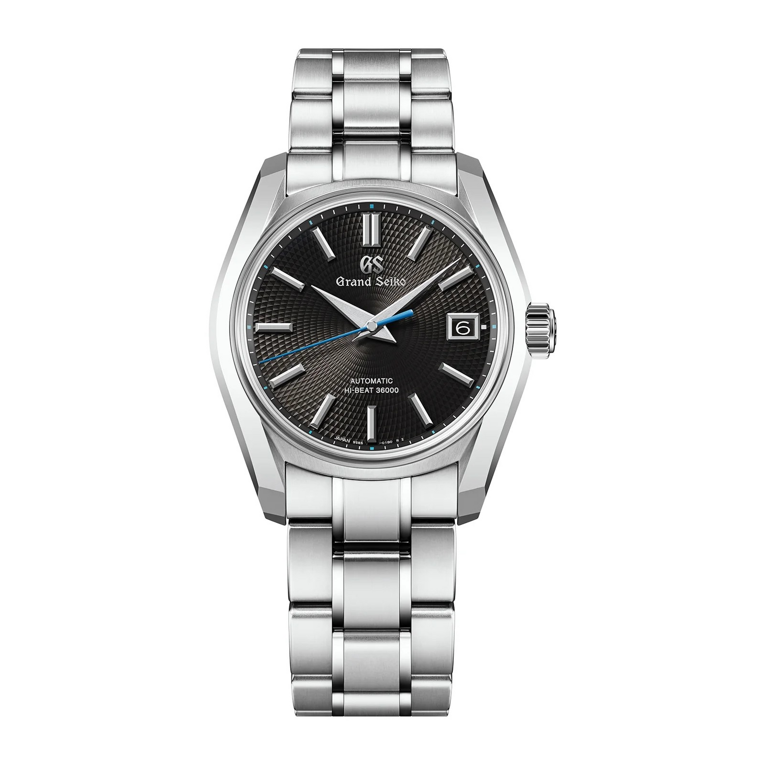 Silver wristwatch with black dial on a white background