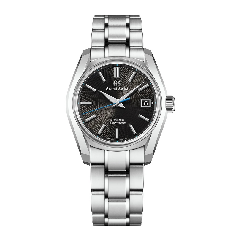 Silver wristwatch with black dial on a white background