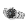 Silver wristwatch with black dial on a white background