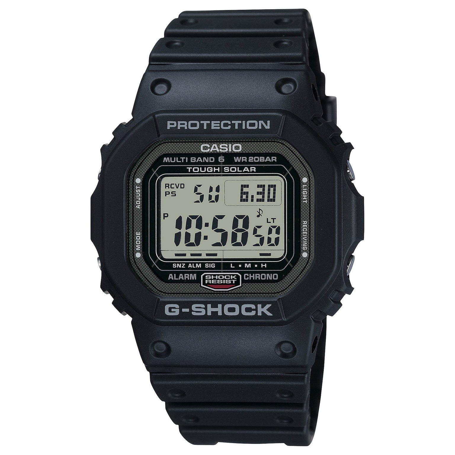 Black Casio G-Shock digital watch with stainless steel and resin case, displaying time and date on LCD screen.