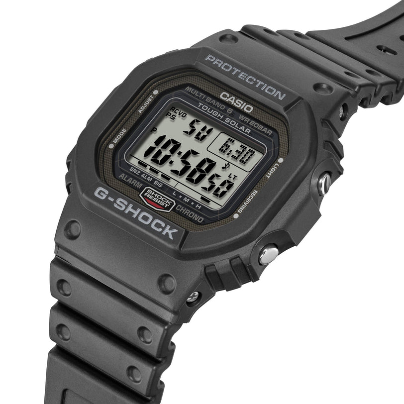G-Shock digital watch with black resin band and square face displaying time, date, and solar power indicator.