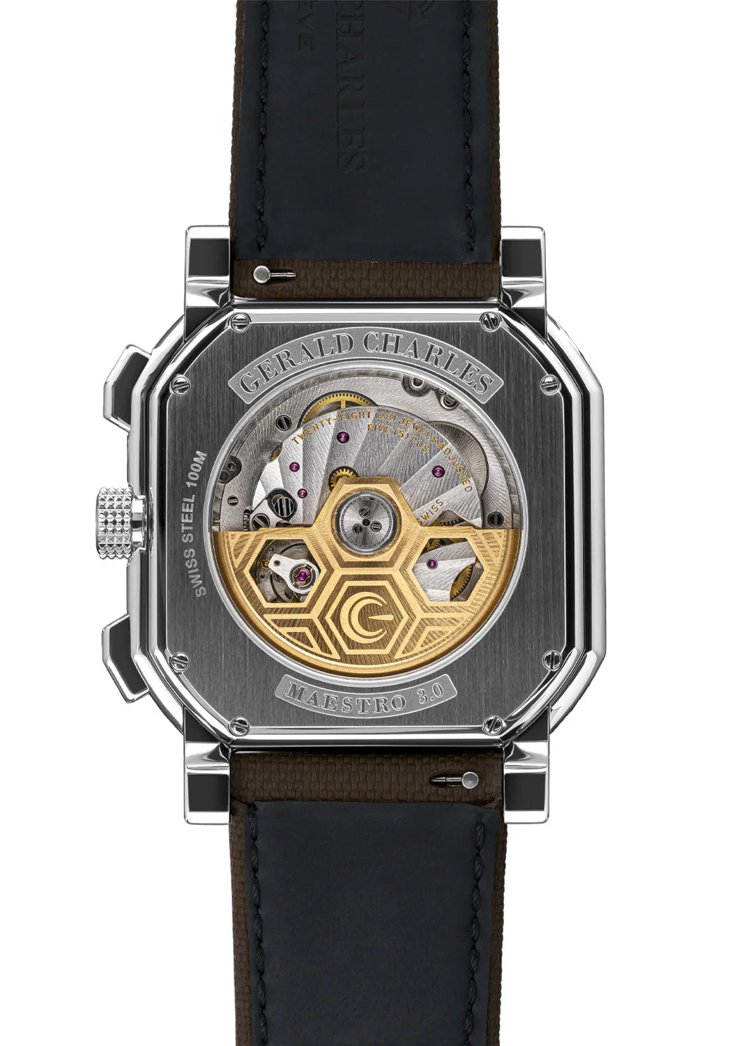 Watch with visible mechanical components on a white background