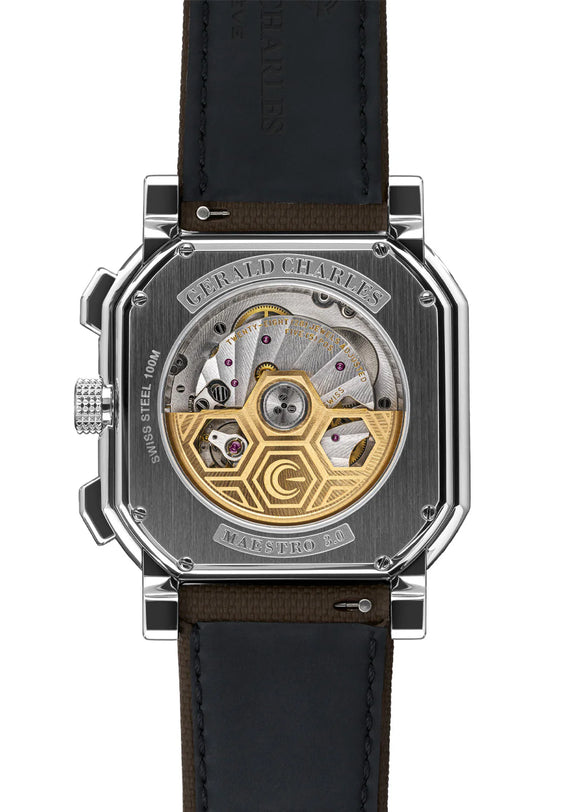 Watch with visible mechanical components on a white background