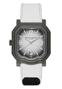 Watch with white strap and black case on a white background