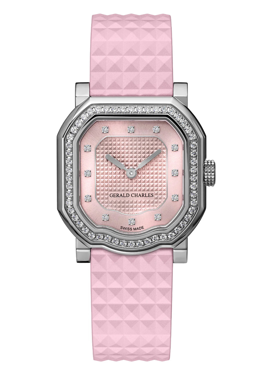 Pink watch with diamond-studded face on a white background