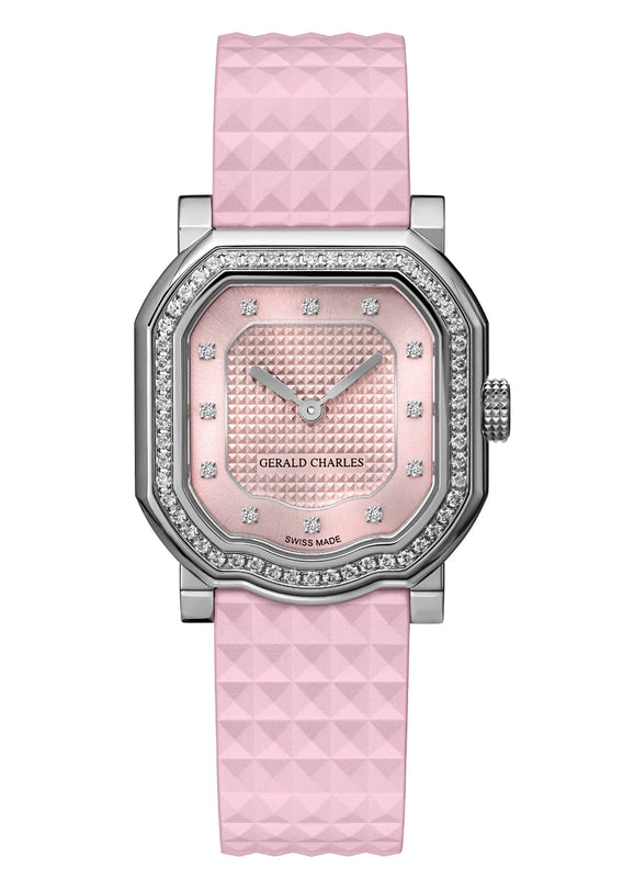 Pink watch with diamond-studded face on a white background