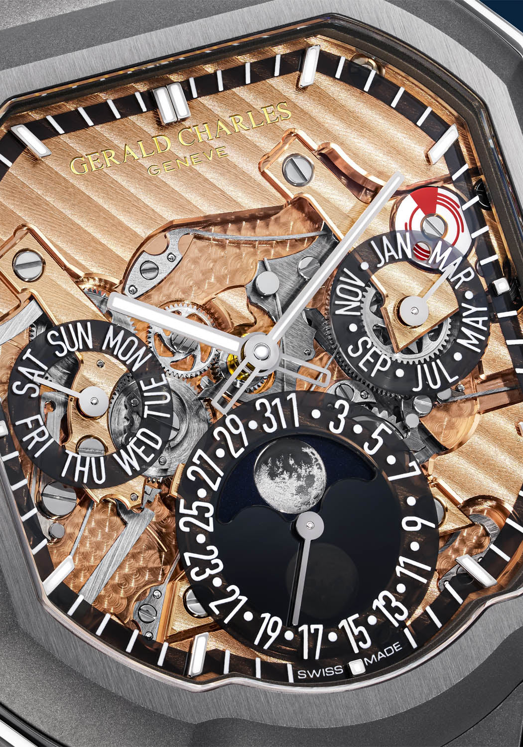 Close-up of a detailed watch mechanism with 'Gerald Charles' branding.